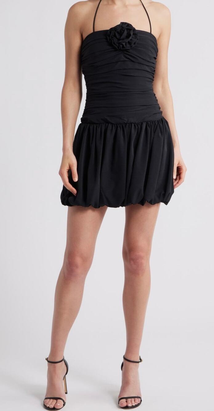 Lucy Paris Faye Rosette Ruched Halter Bubble Mini Dress XL Black NWT